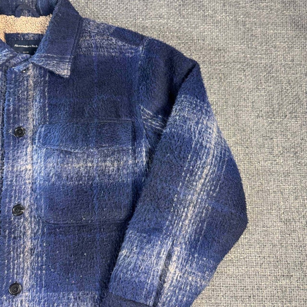 Abercrombie & Fitch Shirt Jacket Mens L Blue Plaid Sherpa Wool Blend Relaxed - Picture 3 of 16